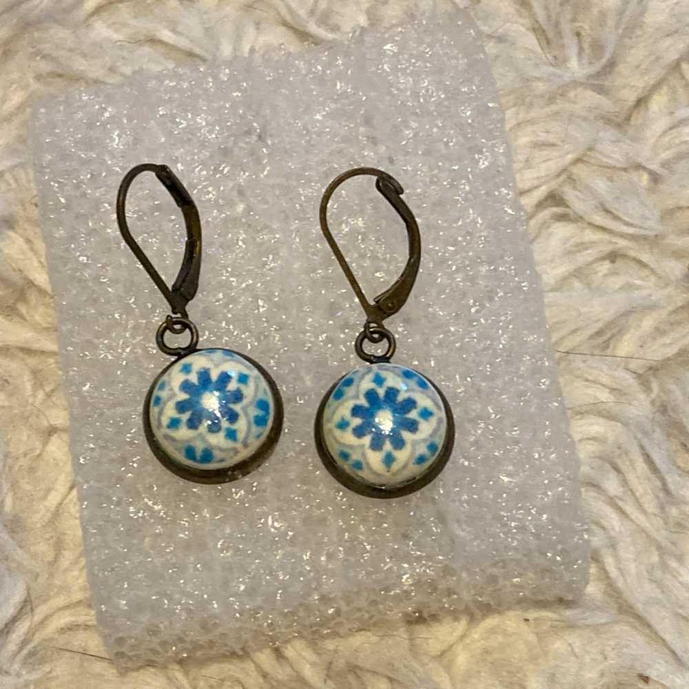 Blue and White Porcelain Bead Hoop Earrings